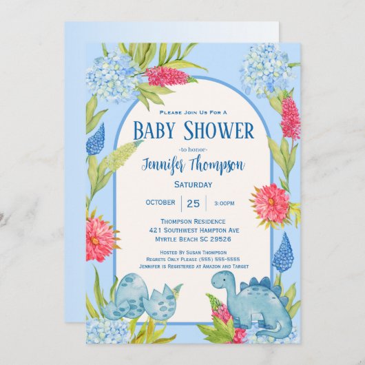 かわいい花の恐竜ママの卵のベビーシャワー 招待状 (正面/裏面)