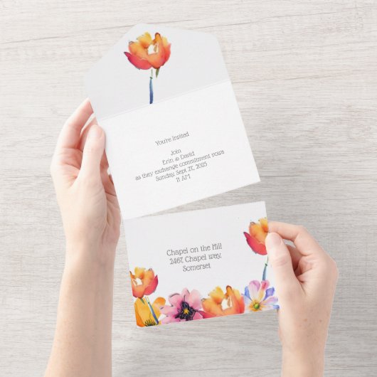 かわいい花の折り返し オールインワン招待状 (貼ってはがせる)