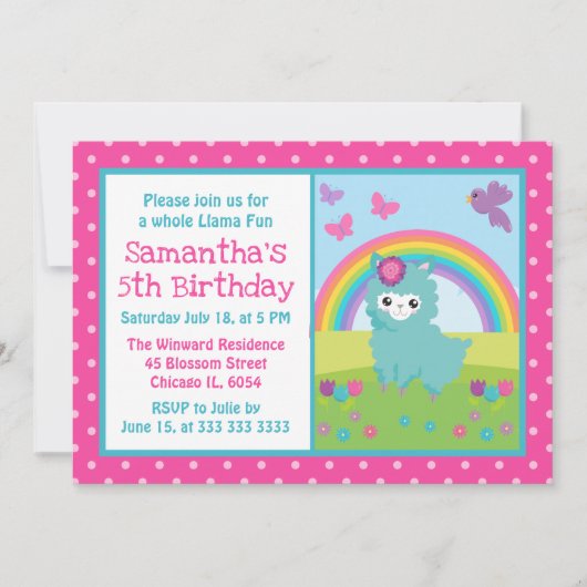 かわいい花の春のターコイズのラマと虹の誕生日 招待状 (正面)