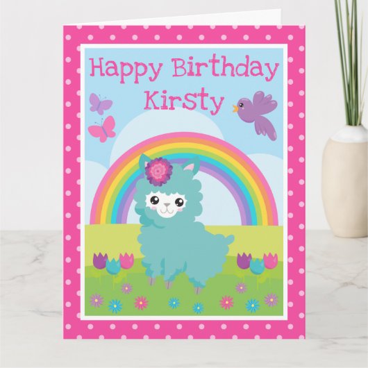 かわいい花の春のターコイズラマ & レインボー誕生日 カード (正面)