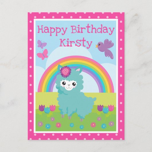 かわいい花の春のターコイズラマ & レインボー誕生日 ポストカード (正面)
