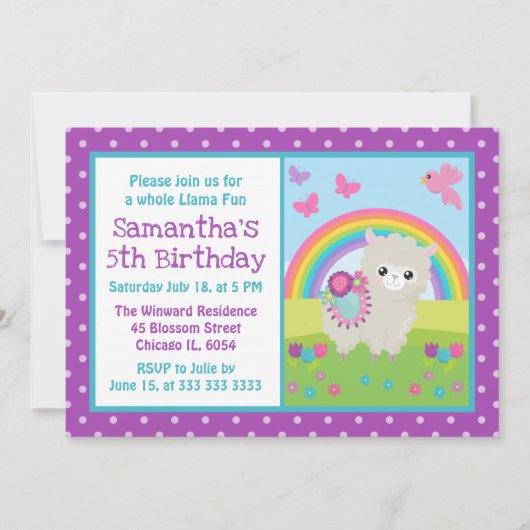 かわいい花の春のラマと虹の誕生日 招待状 (正面)