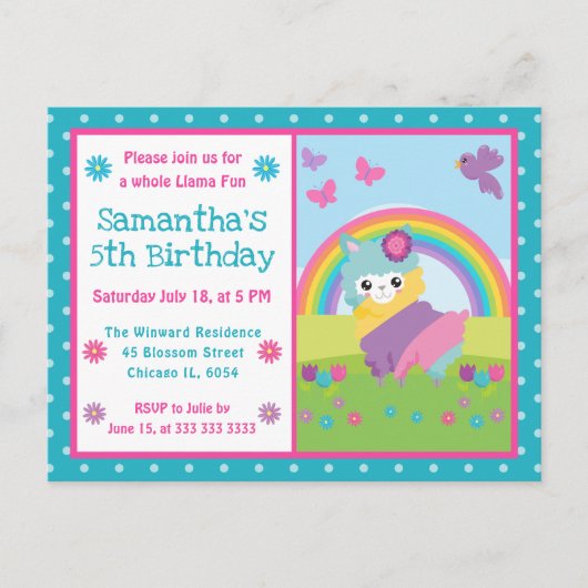かわいい花の春の虹のラマの誕生日 ポストカード (正面)