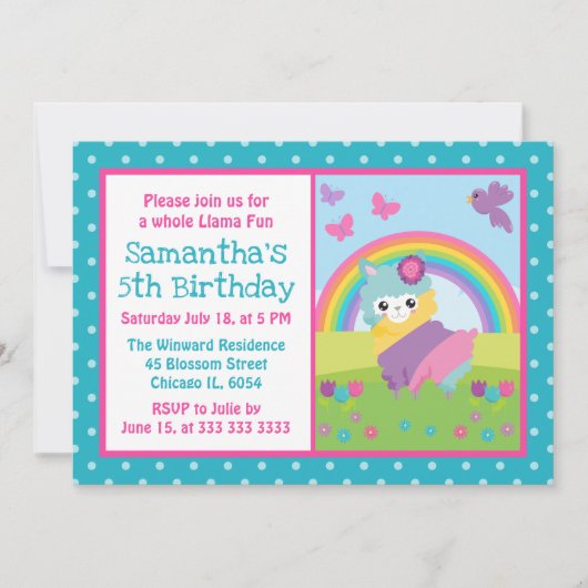 かわいい花の春の虹のラマの誕生日 招待状 (正面)