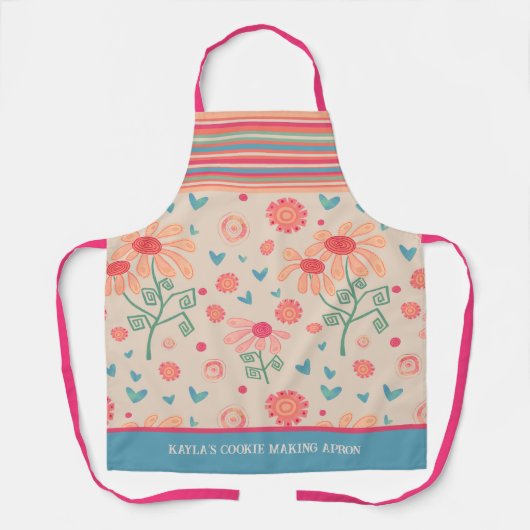 かわいい花の柄カスタム料理ストライプピンク エプロン (正面)