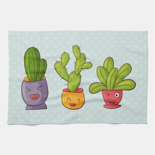 かわいい花の植木鉢のハッピーサボテン イラスト キッチンタオル (横)