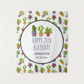 かわいい花の植木鉢のハッピーサボテン 誕生日 タペストリー (正面)