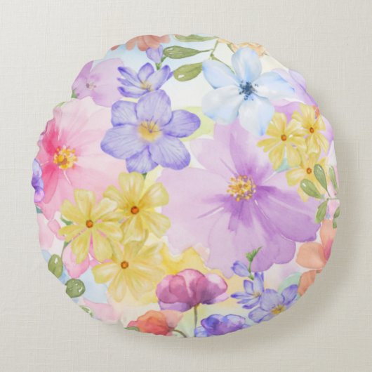 かわいい花の水彩画 ラウンドクッション (正面)