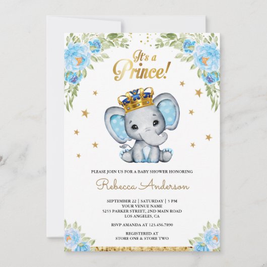 かわいい花の王子様ゾウのベビーシャワー 招待状 (正面)