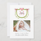 かわいい花の紋章とイニシャル 赤ちゃん女の子の誕生 案内状 (正面)