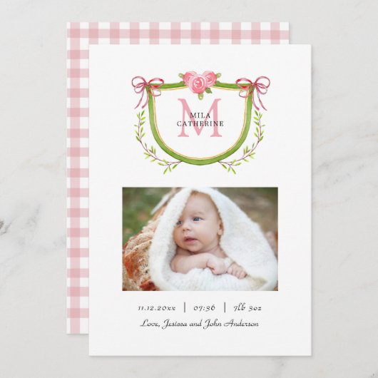 かわいい花の紋章とイニシャル 赤ちゃん女の子の誕生 案内状 (正面/裏面)