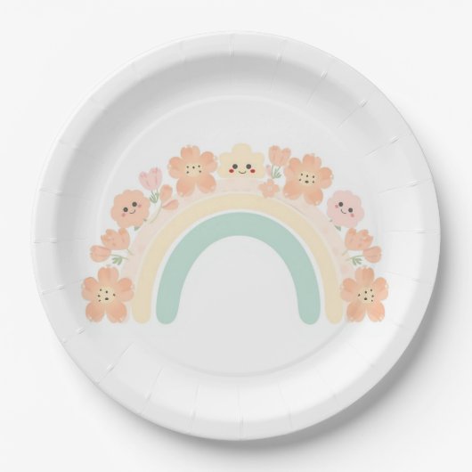 かわいい花の虹のスマイル パステル 誕生日 ペーパープレート (正面)