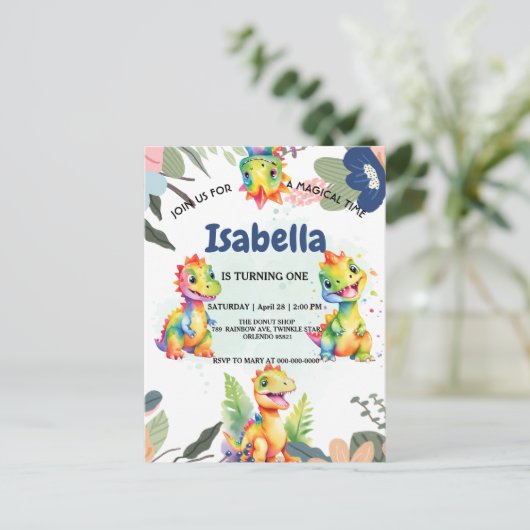 かわいい花の虹の恐竜ハッピーバースデーパーティー ポストカード (スタンド正面)