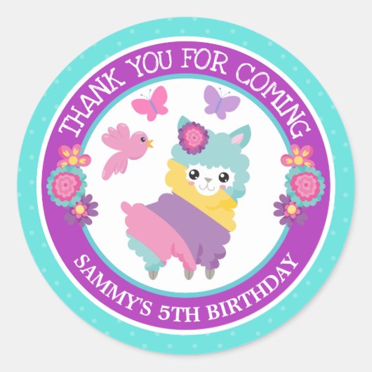 かわいい花の虹 春のラマ 誕生日 ラウンドシール (正面)