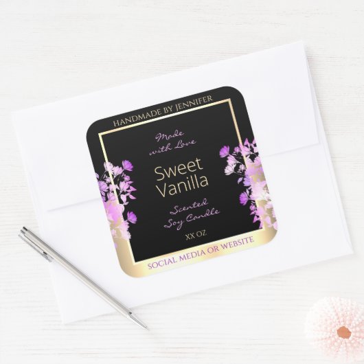 かわいい花の製品包装ラベルブラック&金ゴールド スクエアシール (封筒)