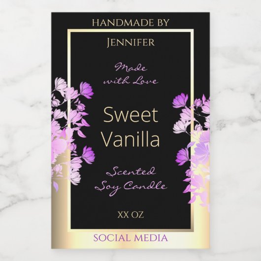 かわいい花の製品包装ラベルブラック&金ゴールド フードラベル (シングルラベル)