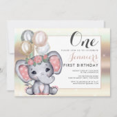 かわいい花の赤ちゃんゾウと風船 招待状 (正面)