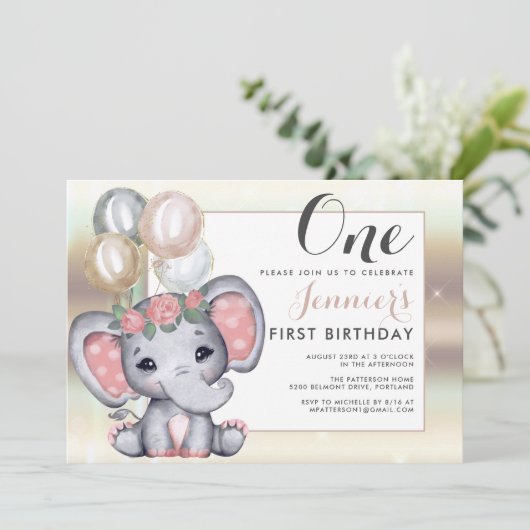 かわいい花の赤ちゃんゾウと風船 招待状 (スタンド正面)