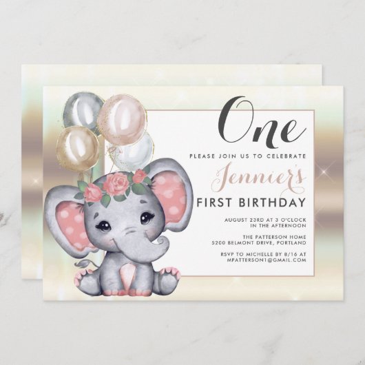 かわいい花の赤ちゃん象と風船 招待状 (正面/裏面)