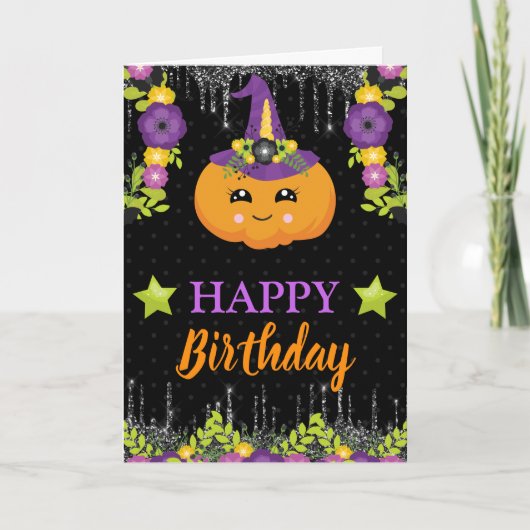 かわいい花の飾りのパンプキン ハロウィン 誕生日 カード (正面)