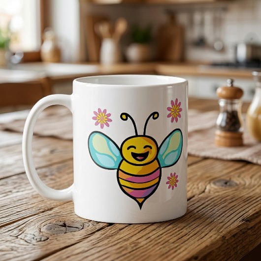 かわいい花を持つ幸せな笑顔の赤ちゃん蜂 コーヒーマグカップ