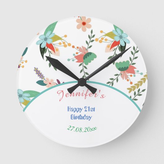 かわいい花カラフル21ハッピーバースデー ラウンド壁時計 (正面)