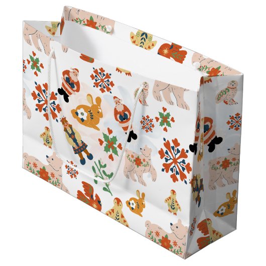 かわいい花クリスマスのパターンとサンタ ラージペーパーバッグ (正面アングル)