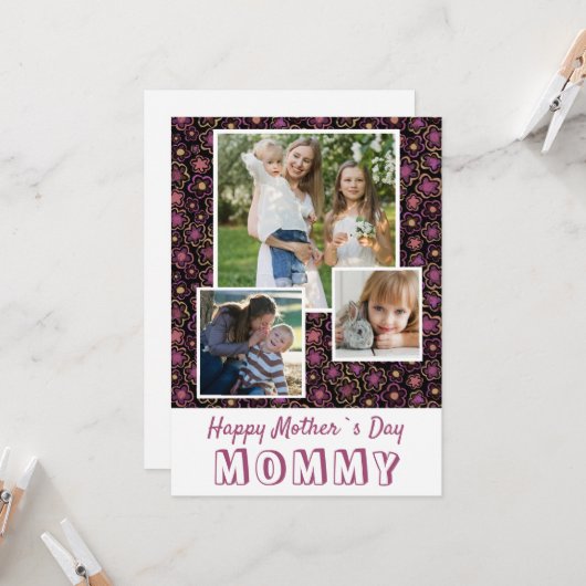 かわいい花ハッピー母の日3写真 カード (正面/裏面インサイチュ)