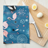 かわいい花フラミンゴ柄 キッチンタオル (四つ折り)