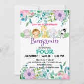 かわいい花動物園ジャングル動物誕生日 ガーリー 招待状 (正面)