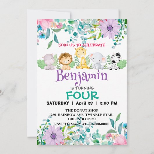 かわいい花動物園ジャングル動物誕生日 ガーリー 招待状 (正面)