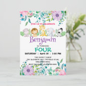 かわいい花動物園ジャングル動物誕生日 ガーリー 招待状 (スタンド正面)