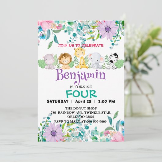 かわいい花動物園ジャングル動物誕生日 ガーリー 招待状 (スタンド正面)