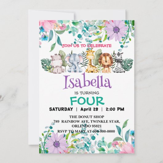 かわいい花動物園ジャングル動物誕生日 子供へ 招待状 (正面)