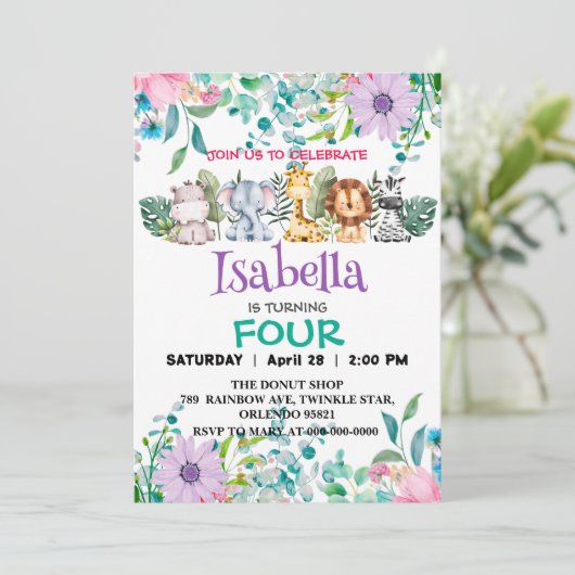 かわいい花動物園ジャングル動物誕生日 子供へ 招待状 (スタンド正面)