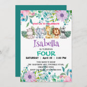 かわいい花動物園ジャングル動物誕生日 子供へ 招待状 (正面/裏面)