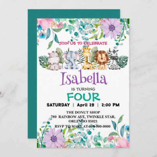 かわいい花動物園ジャングル動物誕生日 子供へ 招待状 (正面/裏面)