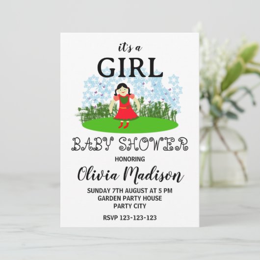かわいい花園の女の子赤ちゃんの女の子の赤ちゃんシャワー 招待状 (スタンド正面)