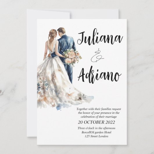 かわいい花婿花嫁の水彩ウェディングカード 現代 招待状 (正面)
