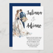 かわいい花婿花嫁の水彩結婚カード モダン 招待状 (正面/裏面)