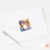 かわいい花嫁とイケメン新郎のアニメカップル スクエアシール (封筒)