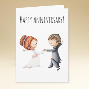 かわいい花嫁と新郎が踊る結婚記念日 カード