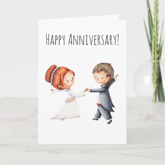 かわいい花嫁と新郎が踊る結婚記念日 カード (正面)