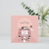 かわいい花嫁と新郎のピンクの getaway car 招待状 (スタンド正面)
