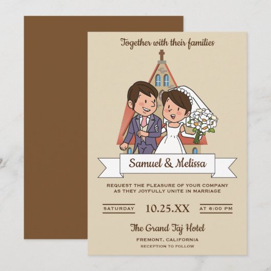 かわいい花嫁と花婿のカップルの結婚式の招待状 招待状 (正面/裏面)
