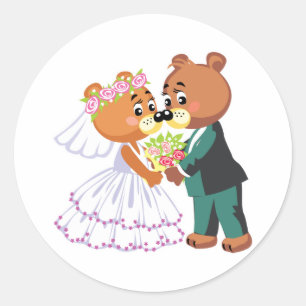 かわいい花嫁と花婿のテディベアのデザインの結婚式 ラウンドシール