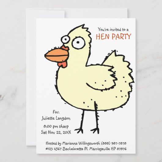 かわいい花嫁の女友達パーティー 白いメンドリの漫画 招待状 (正面)