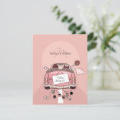 かわいい花嫁 & 花婿 ピンクの逃避行の車 招待状 (スタンド正面)