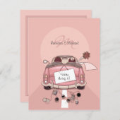 かわいい花嫁 & 花婿 ピンクの逃避行の車 招待状 (正面/裏面)