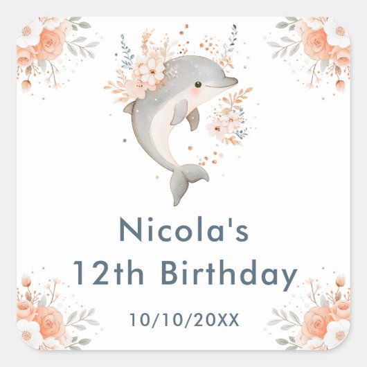 かわいい花柄のイルカの誕生日パーティー スクエアシール (正面)
